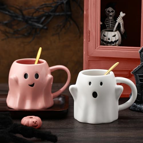 Halloween Ghost Mug Set - 14 oz Ceramic Drinkware with Golden Spoons