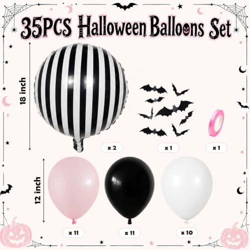 Pink Black White Stripe Halloween Balloons Set with 3D Bat Stickers - 35 pcs