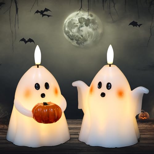A-2 Ghost Pumpkin Flameless Candles with Timer Hand-Painted Halloween Decor