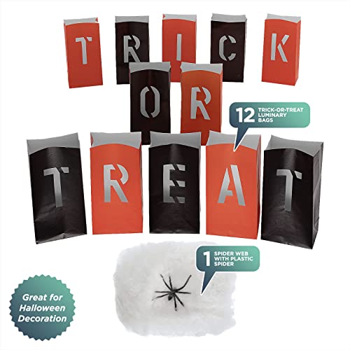 Halloween Luminary Bags and Spider Web Decorations Set - 12 Pack, Orange and Black