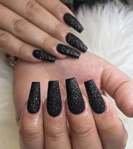 Long Black Glitter Coffin Press-On Nails Set - 12 Sizes with Glue & Stickers - Variation 08-Long Black Glitter