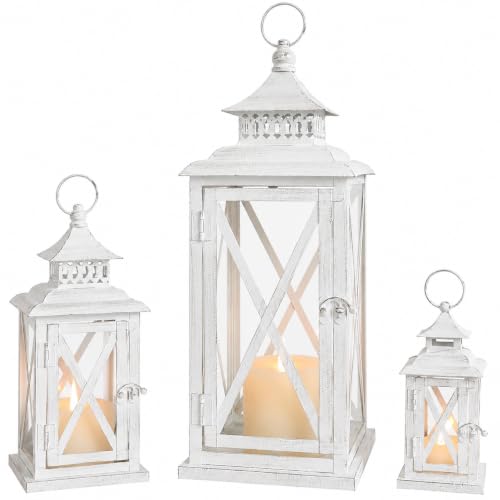 White 20”, 13”, & 9” Decorative Lantern Set - Indoor & Outdoor Candle Holders - Farmhouse Style - Variation: White / 20” & 13” & 9” / 3 Pcs