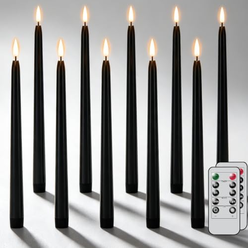 Wondise 10-Pack Black Flameless Taper Candles with Remote & Timer for Halloween Decor