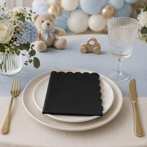 Black Cocktail Napkins 60 Pack - 5x5 Inch Scalloped Disposable Party Napkins - Wuvolution