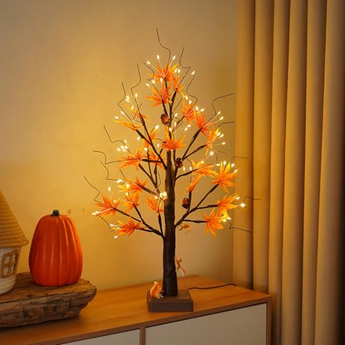 2ft Artificial Fall Maple Tree with 72 LED Lights - Warm White, Battery & USB Powered