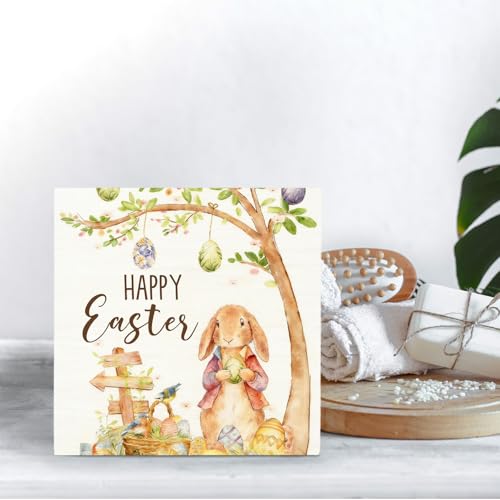 HYKDFMNCJ Bunny04 Easter Bunny Wooden Sign - Spring Desk Decor 5x5 Inch