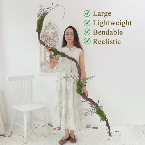 78-Inch Bendable Fake Tree Trunk with Moss and Green Leaves Wall Hanging