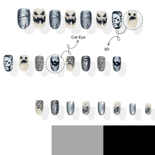 Halloween Press On Nails - Medium Oval Fake Nails with Spiders & Bats - Style-08, Black, 24Pcs