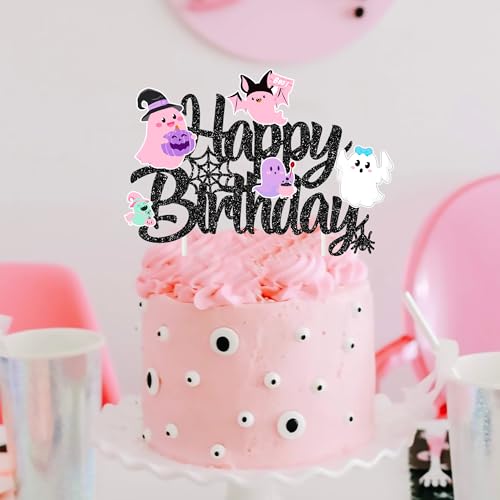 Halloween Ghost Birthday Cake Topper Black Glitter Pastel Ghosts 8 Inch