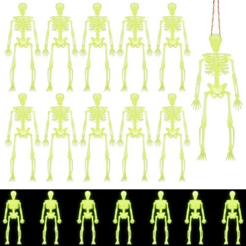 Glow in The Dark Mini Skeleton Decorations Set - 12 Pack, 6 Inch Halloween Hanging Figures with Twine