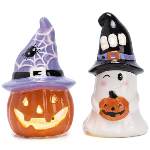 Halloween Ceramic Figurines with Lights - Jack o Lantern & Ghost Decor, 2 Pack