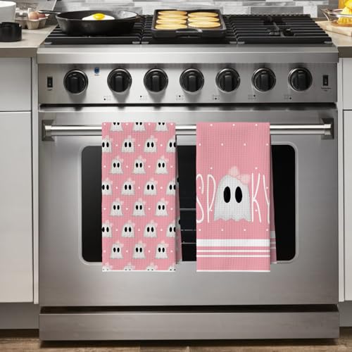 Pink Ghost Halloween Kitchen Towels Set of 2 - 18x26 Microfiber Dish Hand Towels