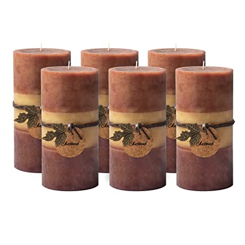 Fall Candles Set of 6 - 3x6 Inch Brown Ombre Pillar Candles with Rustic Decor - Variation of Brown-Ivory
