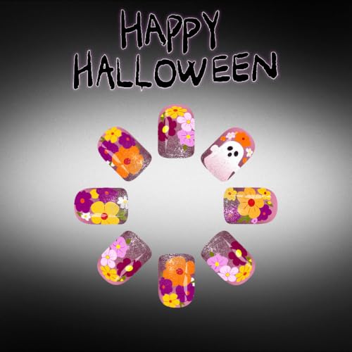 Halloween Short Square Fake Nails with Ghost & Flower Designs - 24 Pcs Plus Variation 25