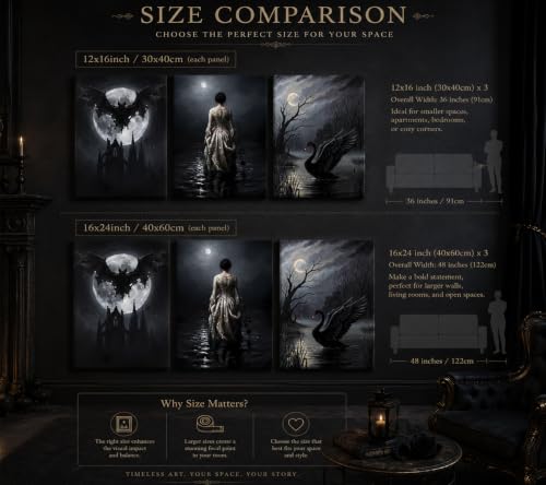 Gothic Wall Art Set of 3 - Victorian Dark Woman, Bat & Swan Prints, Unframed 24x16 inches - Moody Home Decor