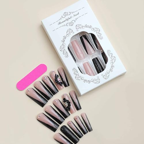 Press On Nails Long Square False Nails Black French with Rhinestones - Variation 89-20Black