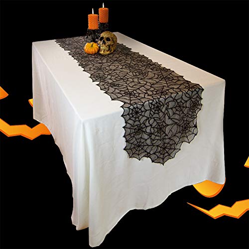 Halloween Decorations Set with Lace Web Table Runner & 3D Bats Wall Stickers - Black