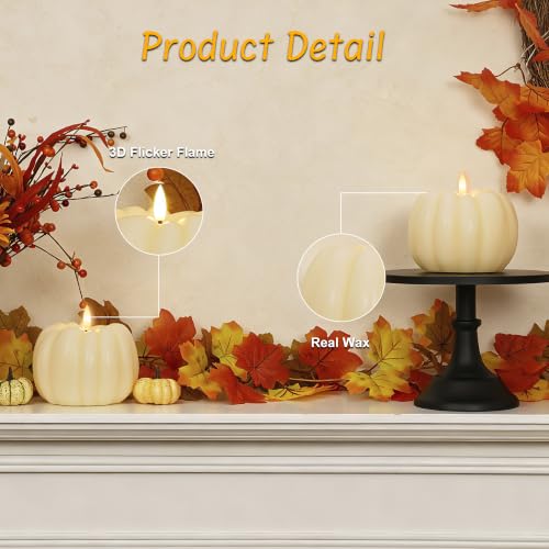 White Flameless Pumpkin Candle with Remote & Timer - Fall Decor, Real Wax, 3D LED Flame, Harvest