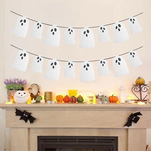 Halloween Ghost Banner Set - 2 Pcs Indoor Spooky Hanging Bunting with Glitter Ghosts - Pkg of 2
