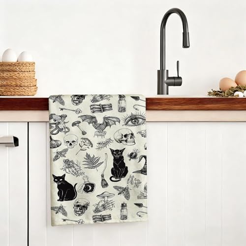 Witchy Gothic Kitchen Towels Set of 2 - Celestial & Cat Design, 16x24 Inches