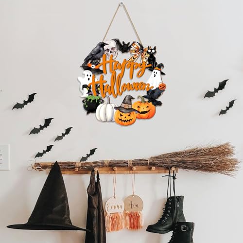Rustic Halloween Wooden Wreath Sign with Ghost, Cat, Pumpkin & Skull - Front Door Decor