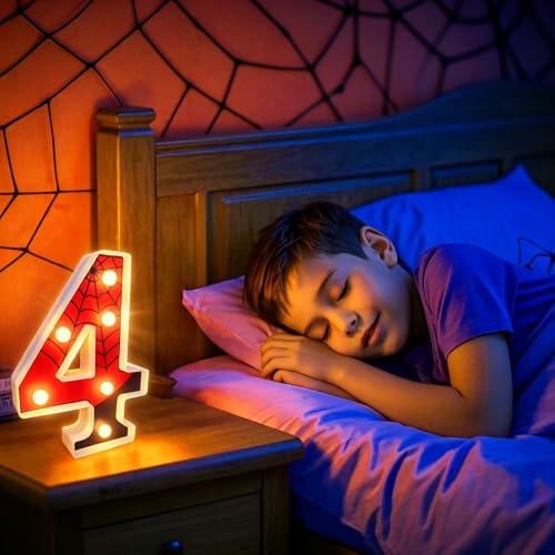 8.5-Inch Spider Light Up Number 4 - Red & Blue LED Birthday Sign, Reusable Wall & Tabletop Decor