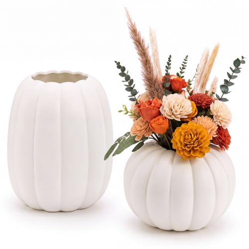 Fall Pumpkin Vase Set - Ceramic Autumn Table Decor for Thanksgiving & Halloween