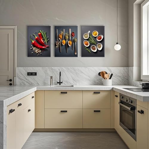 Colorful Spice Seasoning Wall Art Prints - Set of 3 Canvas Kitchen Decor 12x16 Inch Framed