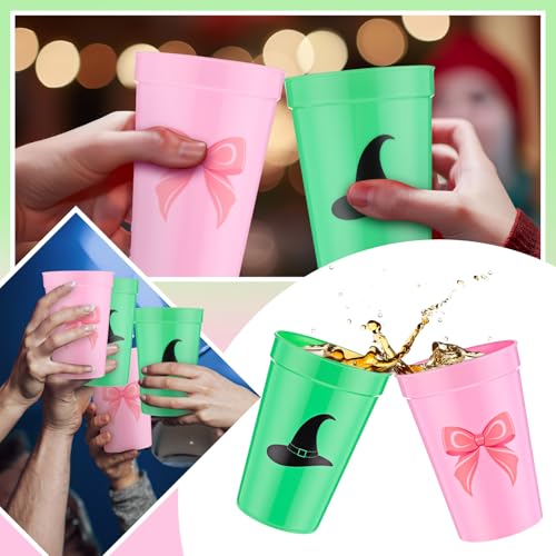 24 Pack Pink and Green Plastic Cups with Witch Hat Design, 12 oz Party Cups for Celebrations