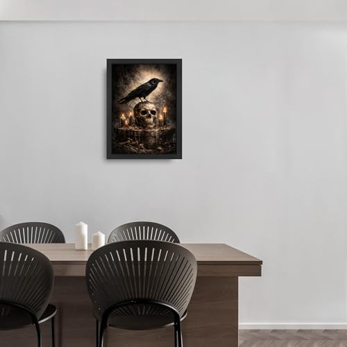 Gothic Crow Wall Art Canvas Print - Raven Skull Dark Academia Decor 16"L x 12"W - Black Frame