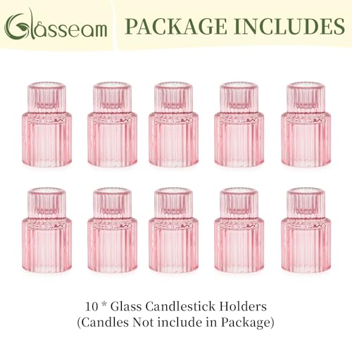 Pink Glass Taper Candle Holders Set of 10 - Elegant Short Candlestick Decor