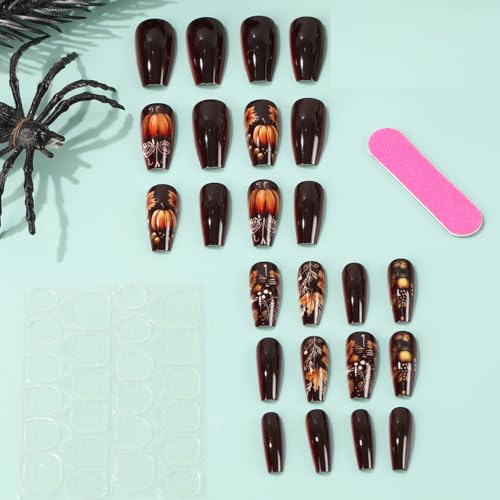 Halloween Press On Nails Medium Square Gradient Brown with Maple Pumpkin - Style19