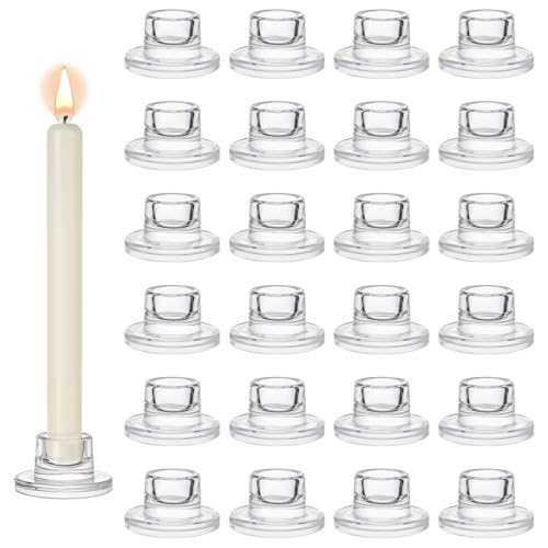 24PCS Glass Taper Candle Holders Bulk Set - Small Modern Clear Candleholders for Weddings & Home Decor