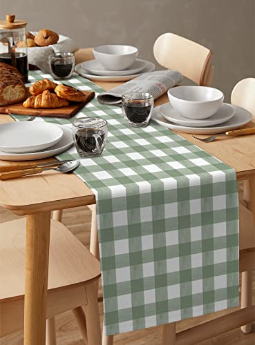 Sage Green Buffalo Plaid Table Runner 48 Inch - Farmhouse Kitchen Decor - Sage Green & White