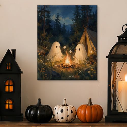 Halloween Ghost Wall Art Canvas Print - Framed Forest Campfire Scene - Variation of Halloween-13