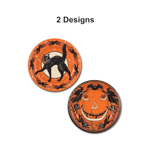 Vintage Halloween Party Plates - Black Cat & Pumpkin Design, 16 Pack, 9-Inch