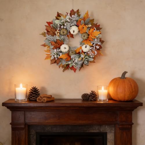 Artificial Fall Wreath 22 Inch Autumn Harvest Decor for Front Door and Wall