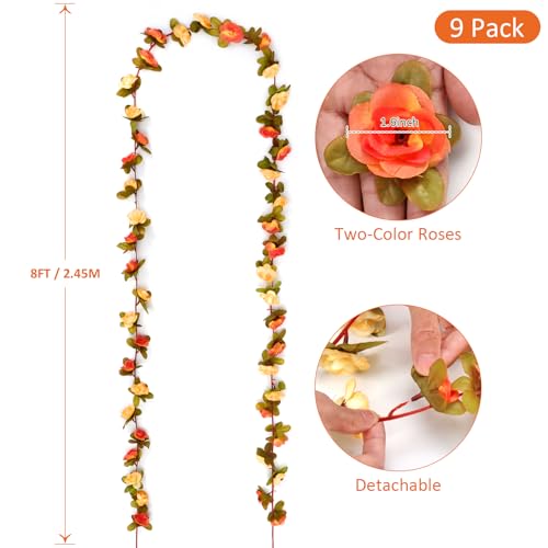 Orange Artificial Flower Garland 9 Pack - 72 FT Silk Rose Vines for Wedding Decor