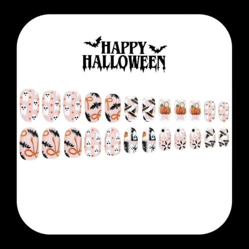 Halloween Press On Nails with Ghost and Pumpkin Design, 24Pcs, Holiday-28
