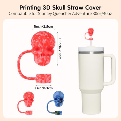 Halloween Skull Straw Toppers for Stanley Cup - Red & Blue - 2 Pack - Variation of Honglan