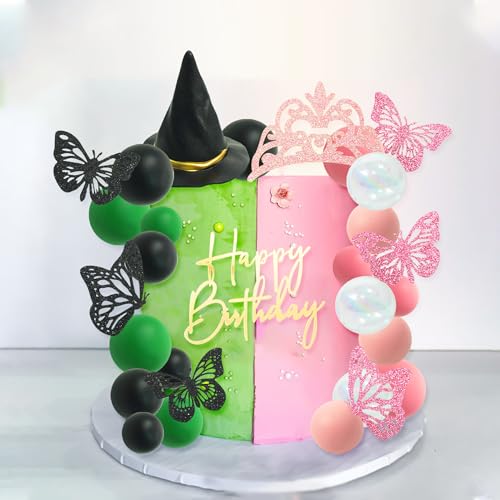 Witch Cake Topper Set with Crown Butterfly Hat and Ball Decorations for Halloween Party