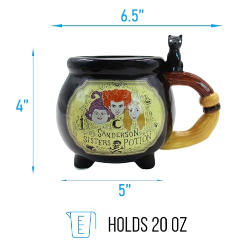 Hocus Pocus Sisters Potion Label Mug - 20oz Ceramic 3D Sculpted Cauldron with Broom Handle - Collectible Gift