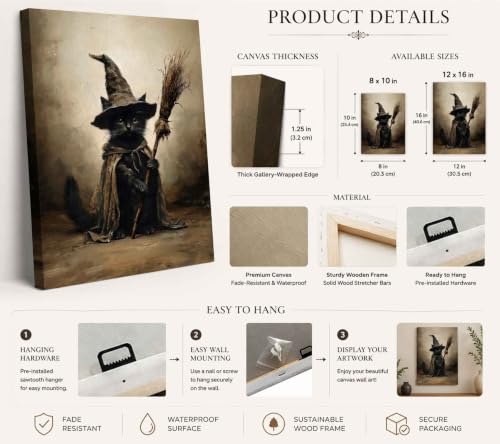 Wizard Black Cat Wall Art Canvas - Halloween Gothic Animal Decor 16x12in