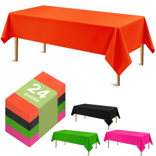 24 Pack Plastic Halloween Tablecloths - Waterproof 54x108 Inch Rectangular Covers - Black, Orange, Pink, Green - Party Supplies