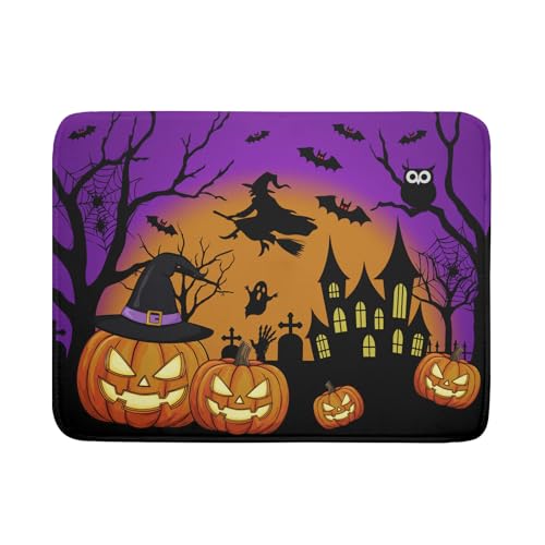 Halloween Pumpkin Dish Drying Mat for Kitchen Counter 18x24 Inch with Witch Ghost Castle Design - Purple Microfiber Drainer Mat