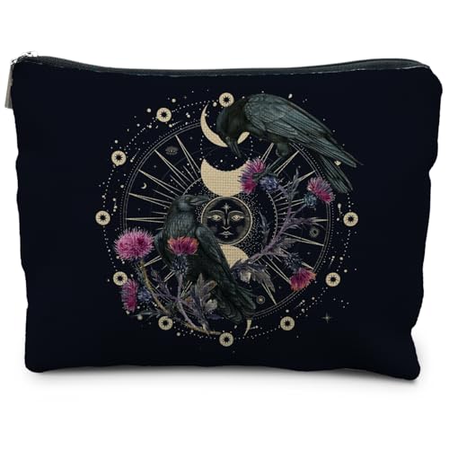 Goth Raven Cosmetic Bag - Celestial Sun & Moon Phase Witchy Makeup Bag for Women - Variation 2