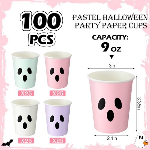 Pastel Halloween Ghost Face Paper Cups - 100 Disposable Party Drinkware with Variation Ghost Face