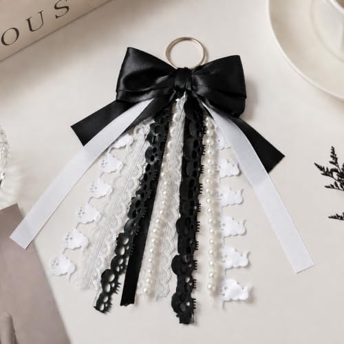 Halloween Cowgirl Boot Decorations, Black Satin Bow & Skull Ghost Ribbons - 2 Pcs