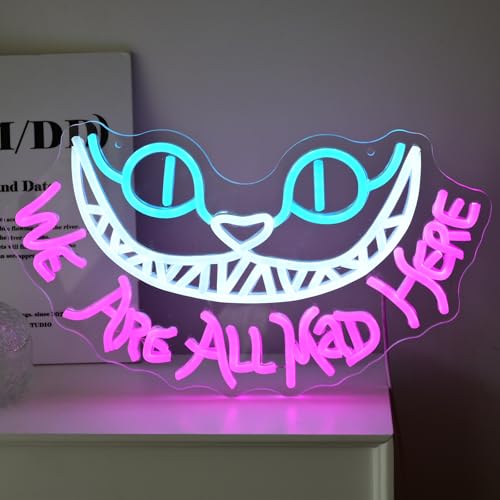 Pink We Are All Mad Here Neon Sign for Wall Decor, Party & Wedding Decoration, Cat LED Light, Personalized Gift