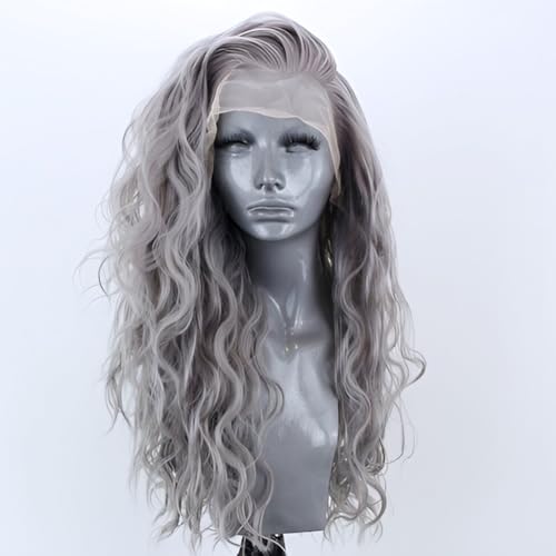 Silver Grey Long Curly Synthetic Lace Front Wigs for Women Free Part Pre Plucked Natural Hairline Lace Front Synthetic Cosplay Wigs Glueless Daily Wear Costume Wig 24 Inches